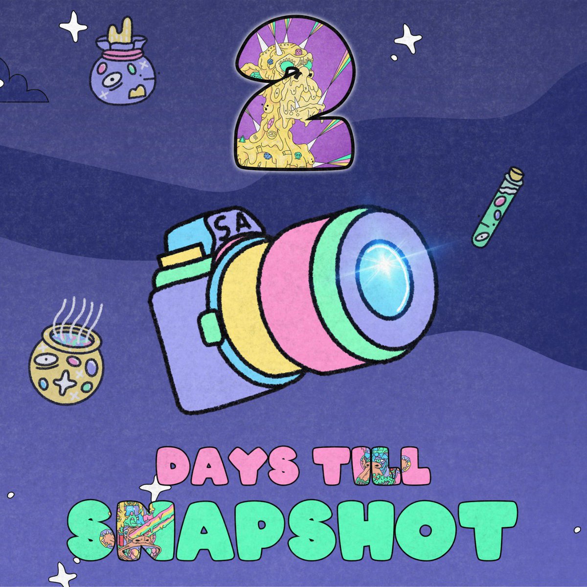 Lola20789's tweet photo. 2 DAYS TILL OUR SNAPSHOT!!! 📸

All holders of a #SLAPE can claim a FREE #MutantSlapes #NFT for EVERY Slape that you’re holding!!! 

Example: 10 SLAPES = 10 FREE SERUMS 🌈🧪 https://t.co/X4n4hp5lWP