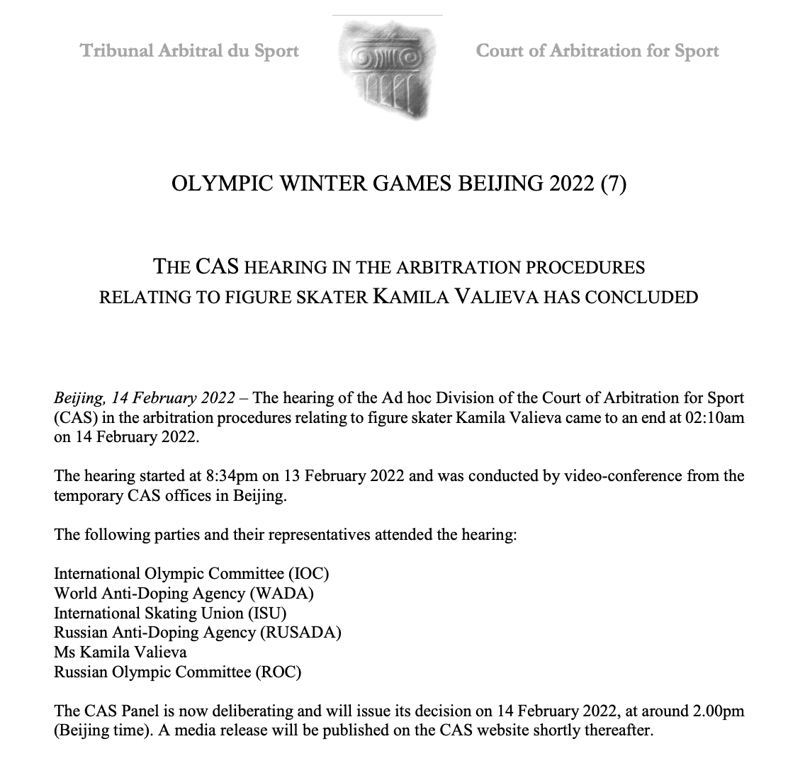 HbOlympics's tweet photo. CAS hearing concluded a little after 2 a.m. Beijing time. Kamila Valieva was present, along with all the relevant orgs.

Decision around 2 p.m. Beijing time, 1 a.m. ET https://t.co/ZxR14PUy5M