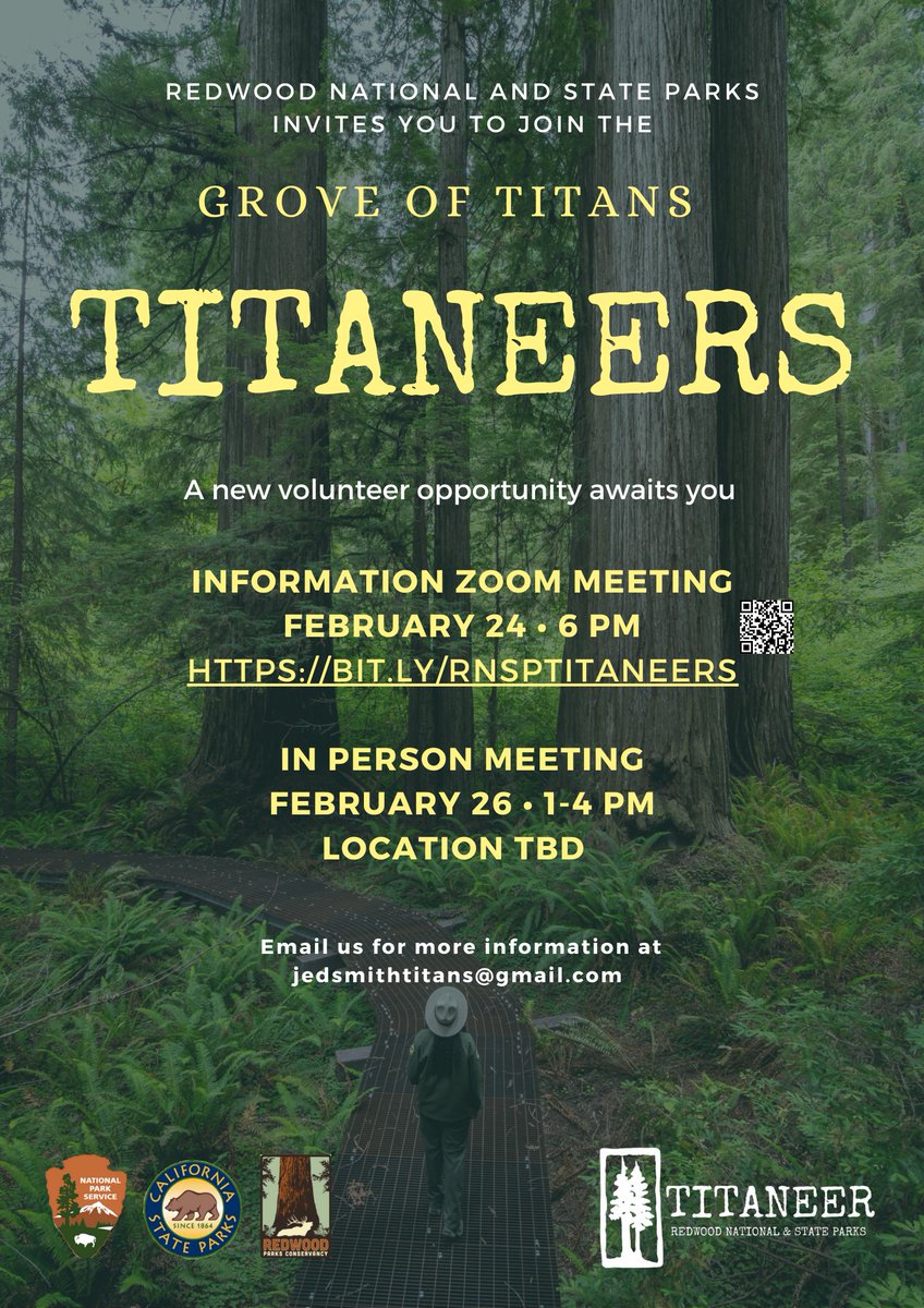 NorCoStateParks's tweet photo. We want YOU to be a Titaneer!

Learn about this great volunteer opportunity to help protect, educate and connect visitors with the Grove of Titans, and other places within @RedwoodNPS !

Join an info session! 2/24 @ 6pm: https://t.co/Kb0eERdeJh or 2/26 @ 1pm in person! https://t.co/2kzS3yd0g9