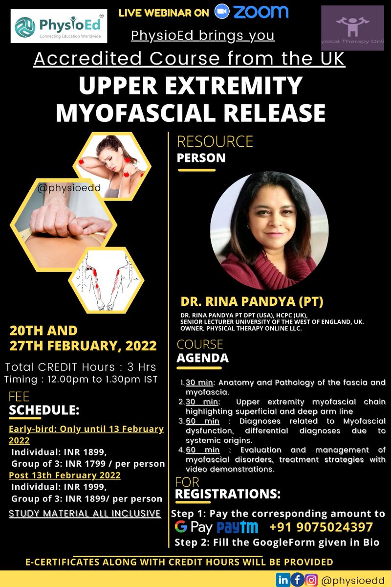 PhysioEd now brings to you An Accredited Musculoskeletal Physiotherapy Course from UK: UPPER EXTREMITY MYOFASCIAL CHAINS: Identifying the Source of Dysfunction and Treatment Strategies. This Course/Webinar is a 2 day prog Google form link is :
forms.gle/LmfyYqZUSXtGbh… 

#mfr #msk