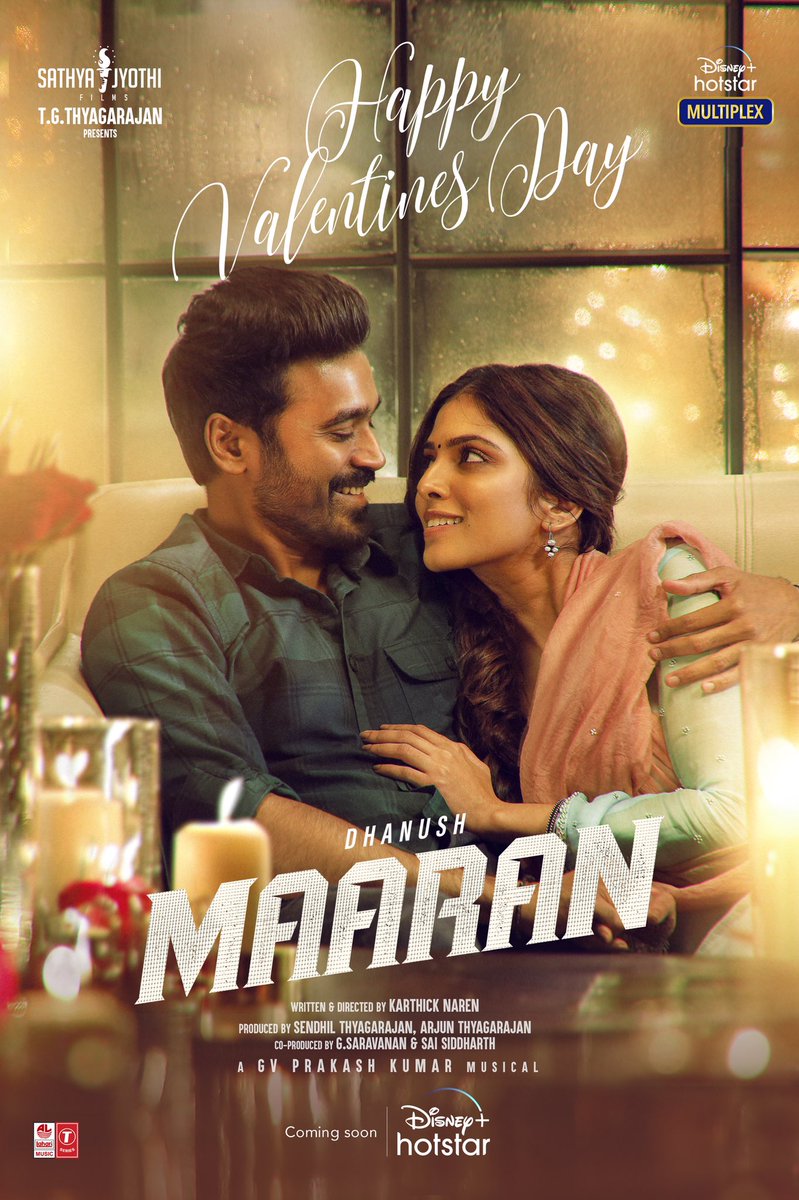 SathyaJyothi's tweet photo. Here is the Valentine's Day special poster from team #Maaran ft. the dashing @dhanushkraja &amp; beautiful @MalavikaM_ 💕 

#Maaran coming soon on @disneyplusHSTam

@karthicknaren_M @gvprakash @thondankani @smruthi_venkat @Actor_Mahendran @KK_actoroffl @DisneyPlusHS https://t.co/LFuejhfWaj