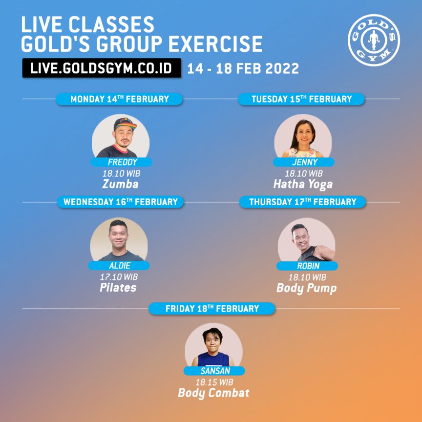 Halo Gold's People!

Catat jadwal Live Class untuk seminggu ke depan ya!

Kamu masih ingat gak, kelas apa yang kamu ikuti di Gold's Gym pertama kali? Sekarang kelas itu masih jadi favoritmu atau kamu udah punya kelas favorit lainnya?