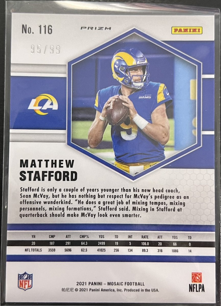 CryptTheGoat's tweet image. Looking to sell this 2021 Matthew Stafford Mosaic Blue Prizm /99 color match. $75 obo shipped. Rts appreciated