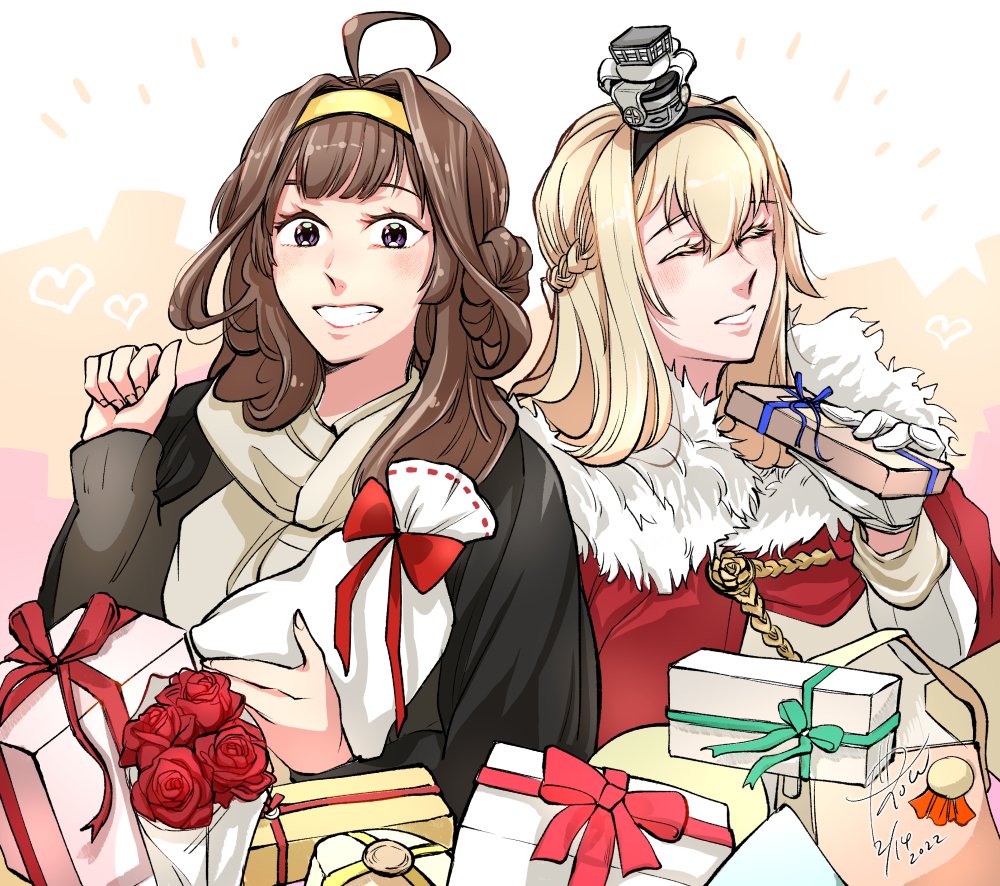 kongou (kancolle) ,warspite (kancolle) multiple girls crown 2girls brown hair gift long hair blonde hair  illustration images