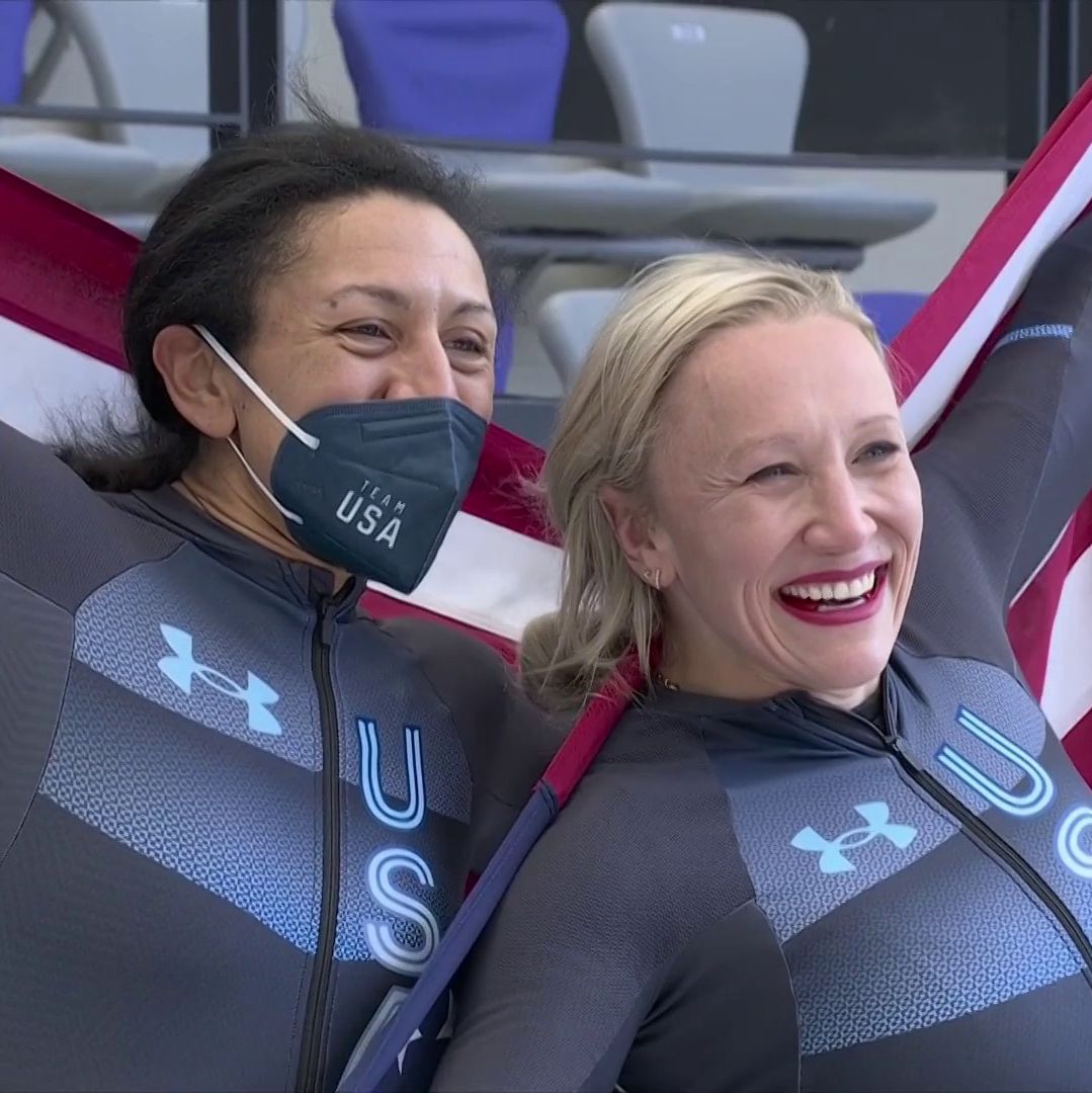 NBCOlympics's tweet photo. HISTORIC MEDALS IN MONOBOB. 🇺🇸 

@BobsledKaillie and @eamslider24 finish 1-2 to bring home the very first Olympic medals in women's monobob. #WinterOlympics https://t.co/3QksXUubpr