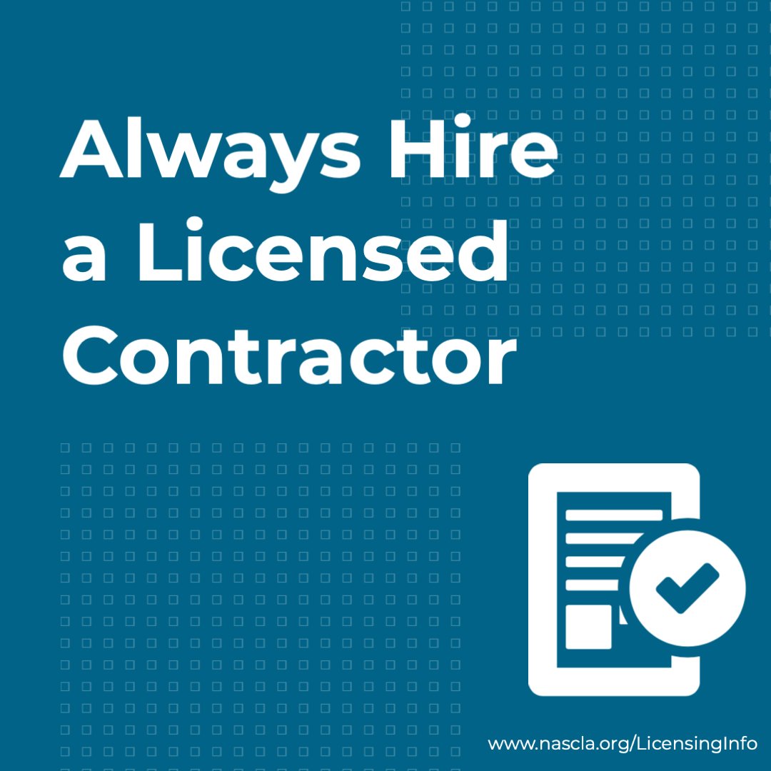 NASCLA1's tweet photo. Everyone wins when you hire a licensed contractor! Head to our website &amp; check out the Licensing Information page! It was designed to give consumers easy access to the state regulatory agencies' information. https://t.co/B2k7F4PnYY

#NASCLA #Superbowl #licensing https://t.co/pgsbf6mA8L