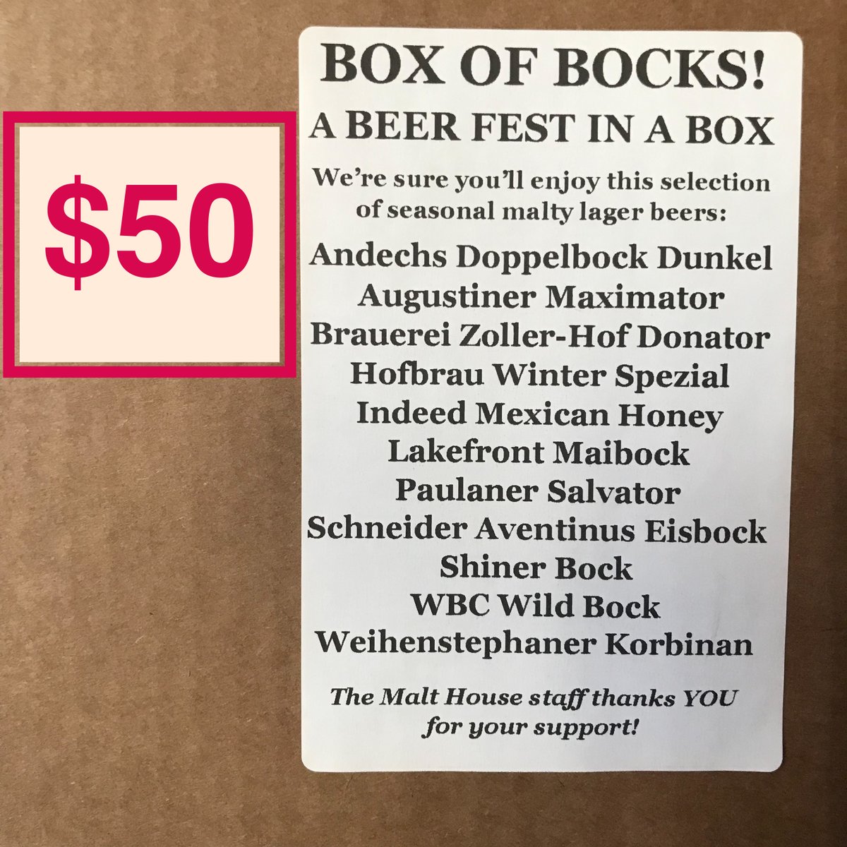 MaltHouseTavern's tweet photo. Who likes Bock beer? 
#lagerislife #beerfestinabox #harbingerofspring 

Reserve your box here:
https://t.co/Oj1Or8ZSck https://t.co/StZyNN7ZES