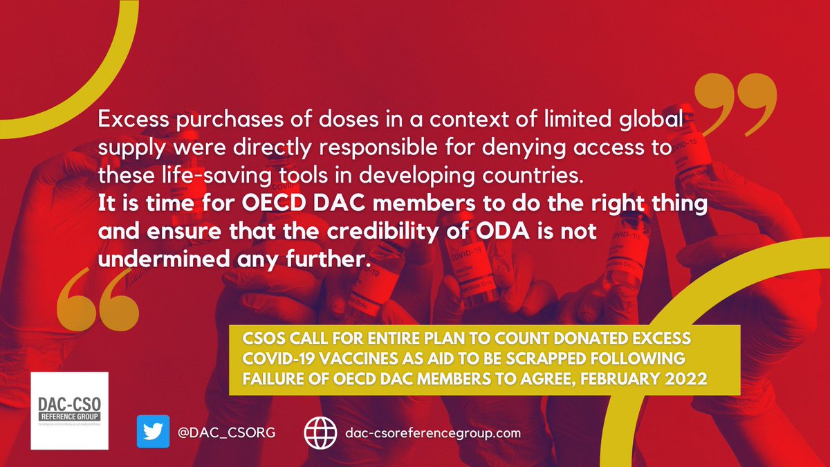 DAC-CSO Reference Group (@dac_csorg) on Twitter photo LOOK: 32 #CSOs, including <a href="/DAC_CSORG/">DAC-CSO Reference Group</a> members, called for the entire plan to count donated excess #COVID19Vaccines as #aid to be scrapped following failure of #OECD #DAC members to agree on how to report the spending as #ODA. #VaccineEquity
Read it here:
bit.ly/3gHstZ4 LOOK: 32 #CSOs, including <a href="/DAC_CSORG/">DAC-CSO Reference Group</a> members, called for the entire plan to count donated excess #COVID19Vaccines as #aid to be scrapped following failure of #OECD #DAC members to agree on how to report the spending as #ODA. #VaccineEquity
Read it here:
bit.ly/3gHstZ4