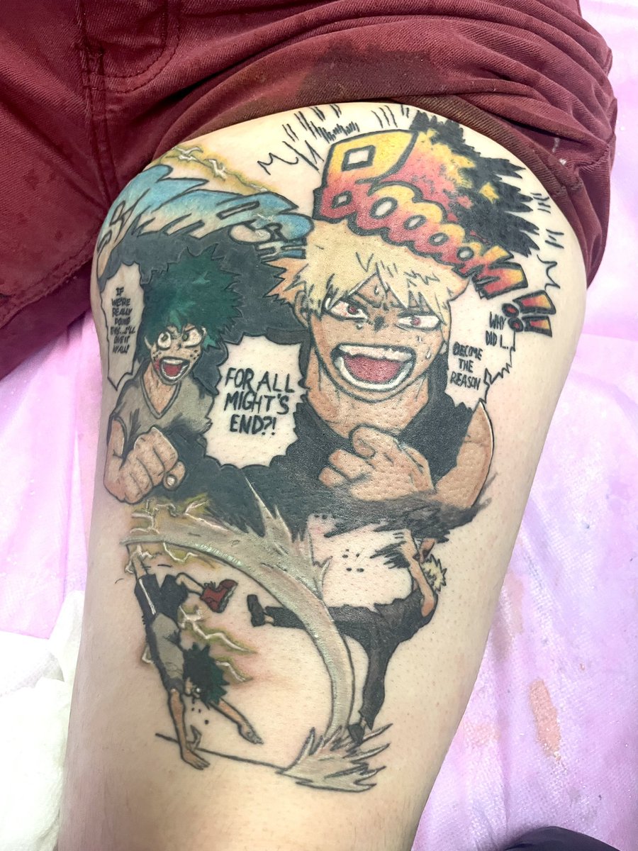 sheepscribbles's tweet image. A big project of a full my hero thigh piece