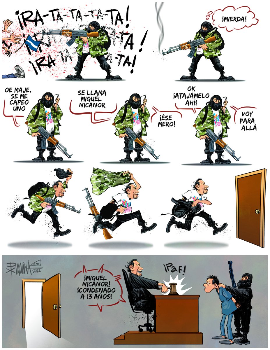 pxmolina's tweet photo. Dibujé esta historieta antes de enterarme de la muerte de Hugo Torres en manos de la dictadura, pero es como que la hubiese hecho al respecto y es que, ya sea con pasamontañas o togas, hablamos del mismo sistema asesino. #SOSNICARAGUA https://t.co/UHiSrXYAaR
