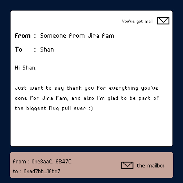 Someone from @PGodjira family send a beautiful mail to  <a href="/shanicucic96/">shan</a> right into the project's vault.

Beautiful <3