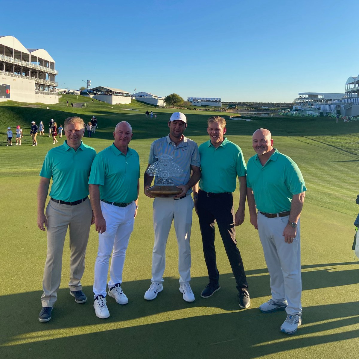 WasteManagement's tweet photo. Playoffs are a great way to end the week in Scottsdale! We’re so proud of Scottie Scheffler for winning the @WMPhoenixOpen. Such a great group of players, and now it’s time to close out with the best fans in golf and the #greenestshow on grass. https://t.co/m2bBTnaL4s