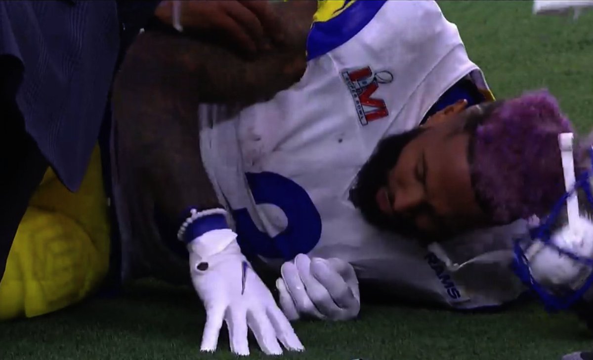 talkSPORT's tweet photo. Rams superstar Odell Beckham Jr has to head back to the locker room after going down injured.

We hope OBJ recovers soon 🙏 https://t.co/gRfckwreBJ