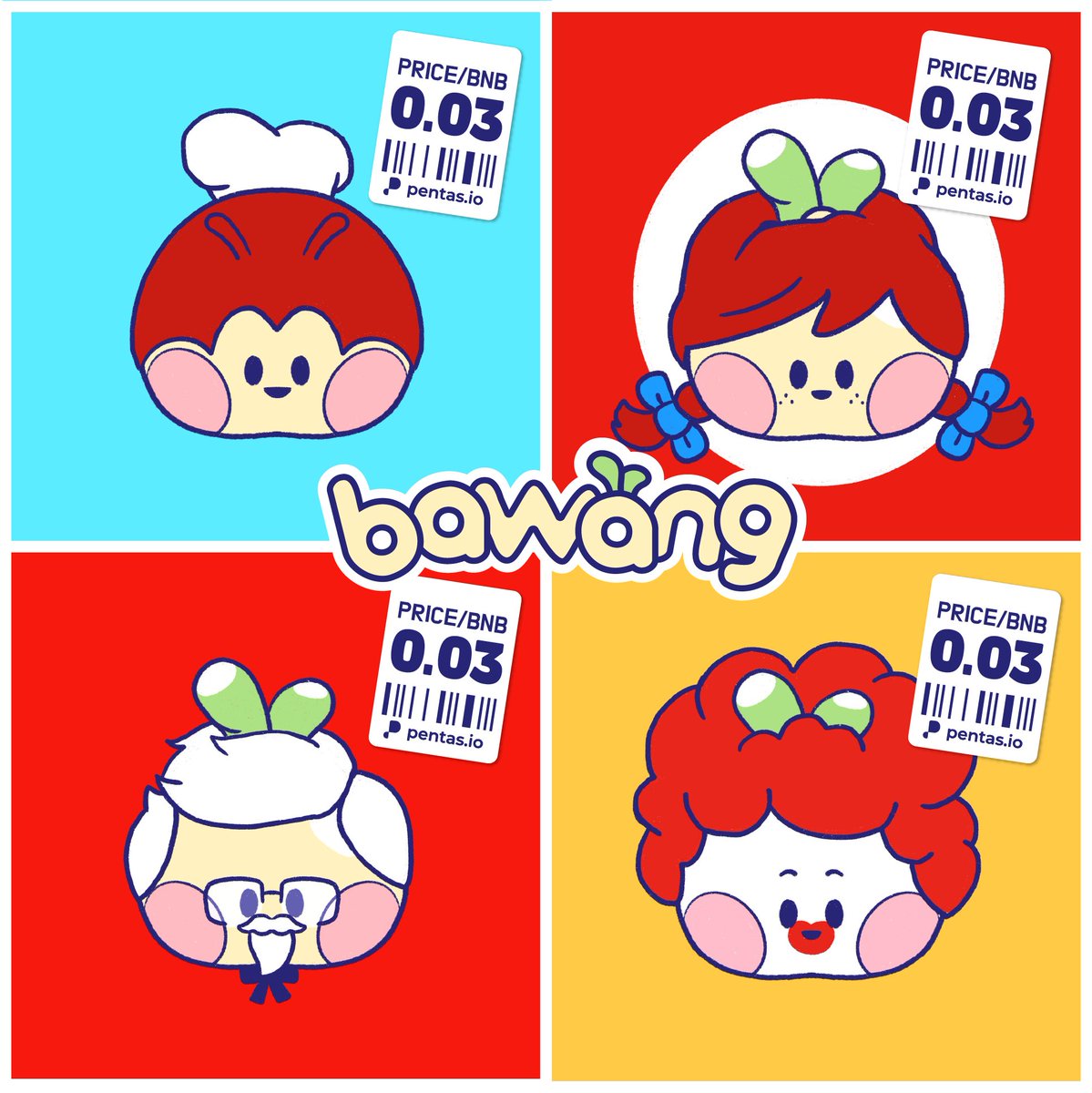 Fresh batch of bawang available on marketplace now! 

Theme: fast food mascots
FP: 0.03 #BNB 

app.pentas.io/collection/baw…

#pentas
