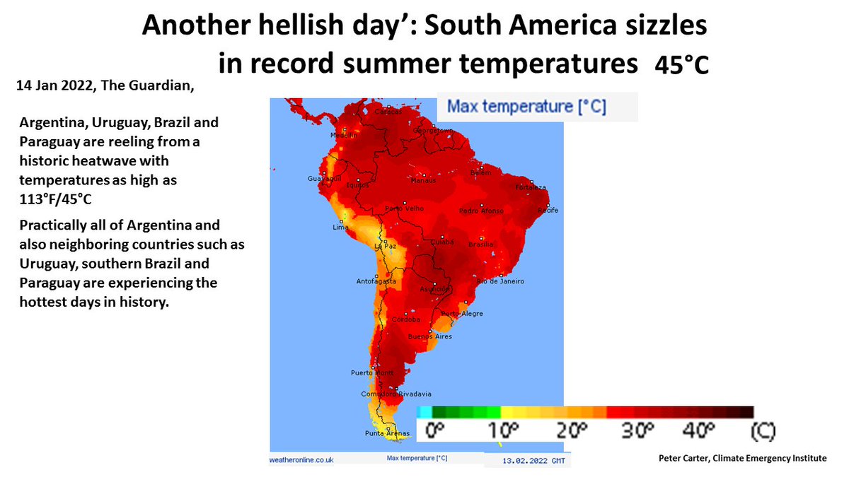 PCarterClimate's tweet photo. RECORD HEAT S. AMERICA Most of South America is in a summer heat wave, with huge regions affected by record temperatures, at 1.16C global average temperature increase. 1.5C is now unavoidable, around 2030. https://t.co/nxiJtKZ6yu