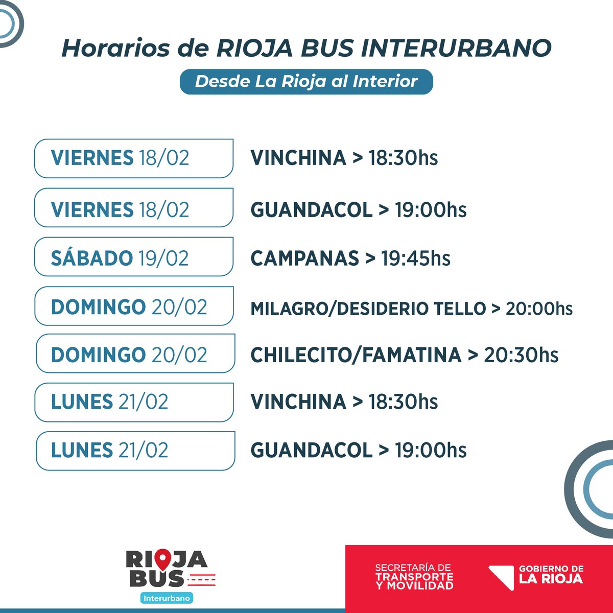 rbinterurbano's tweet photo. 👉 Horarios de nuestro servicio desde el 14/02 hasta el 21/02. 

🌿Recordá que durante el festival de la Chaya tenés un descuento del 10% sobre el valor del boleto 

📞 Comunicate a los teléfonos 154913285/154913279/ 0800 444 0353 
@ALCIRA08  @GustavoTelloRo3 @GobDeLaRioja https://t.co/lzQaFYRGhj