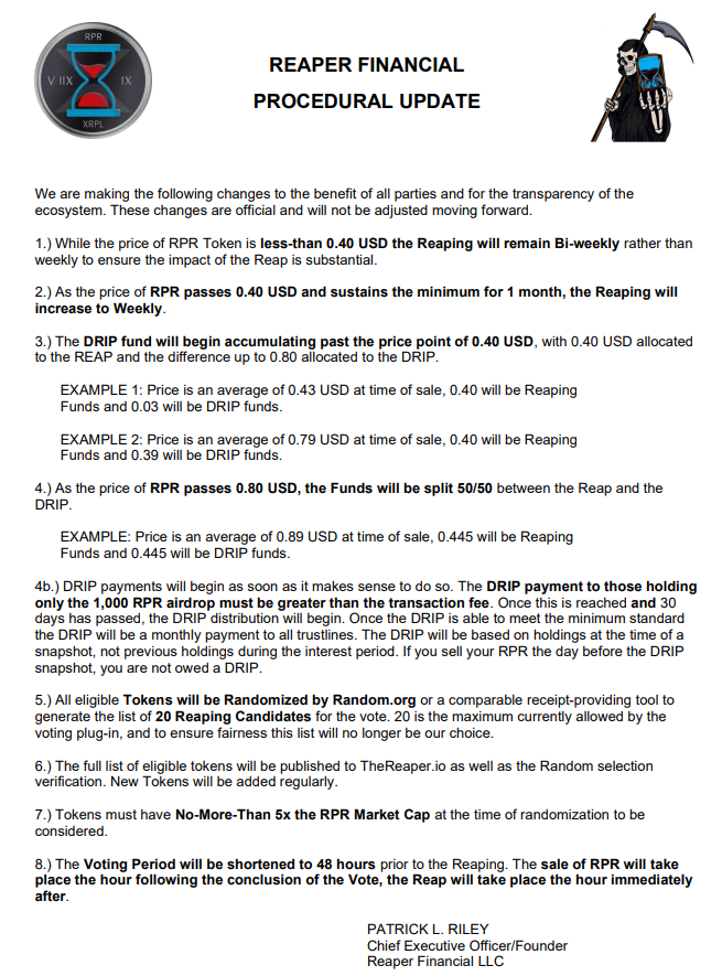 Capital_Revival's tweet photo. Official Changes to Reaper Financial Procedures:

#REAPER $RPR $XRP #passiveincome #DRIP https://t.co/FNQ1wPthQN