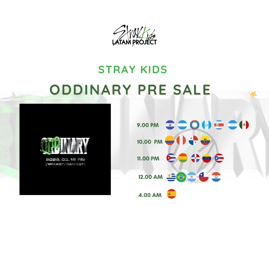 skzlatamproject's tweet photo. Horarios en LATINOAMERICA para la Pre Venta de ODDINARY 

#StrayKidsComeback #���트레이키즈 @Stray_kids #StrayKids https://t.co/QTfxHhiAO0