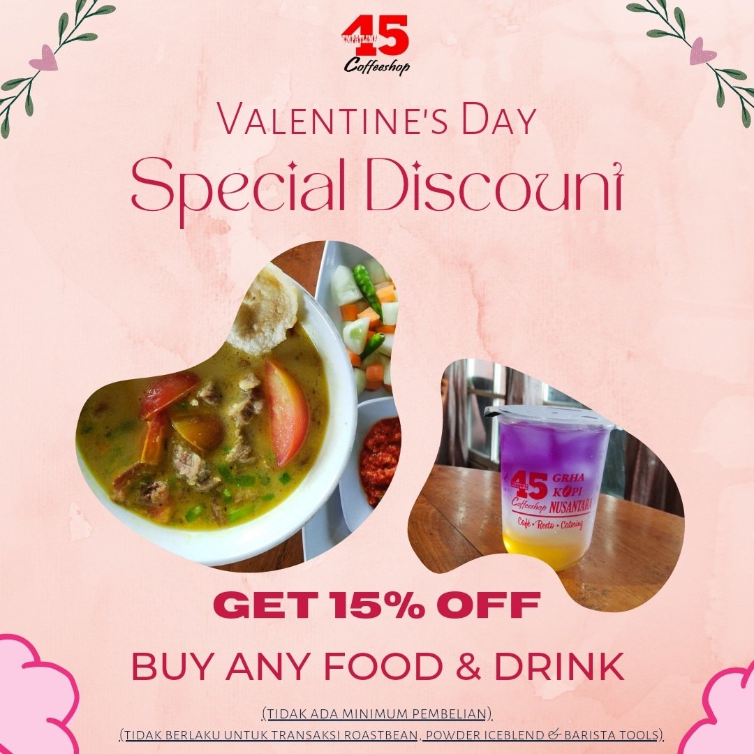 45coffeeshop's tweet photo. Diskon Hari Valentine dari 45 Coffeeshop

Nikmati promo diskon 15% setiap pembelian makanan atau minuman 
Tanpa minimum transaksi.Berlaku dine in/take away.
Berlaku hanya di tgl 14 Februari 2022
Fyi : Tidak berlaku untuk pembelian Roastbean, Powder Iceblend dan Barista tools. https://t.co/4g0to1mE9C