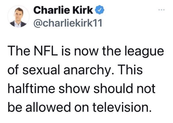 SheilaM1000's tweet photo. I called it! The far right we’re going to lose their mind over that halftime show. The best freaking halftime show in years! #bestHalftimeShow https://t.co/Hn3oMfJL4q