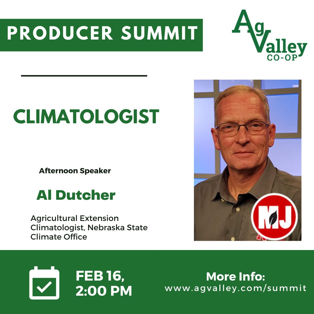agvalleycoop's tweet photo. T-3 Days! Al Dutcher, Climatologist,  will be our afternoon speaker at Ag Valley Co-op's Producer Summit, this Wednesday, February 16th at the Red Willow Fair Grounds!

More information: https://t.co/sXjZdnOK4F

RSVP: https://t.co/h9RCpZm5AC

#ProducerSummit https://t.co/dH8oIVc1dR