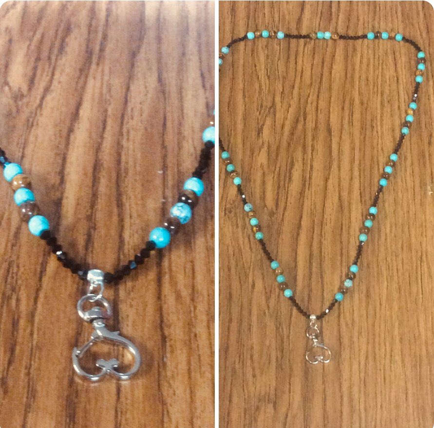 Coming soon! This Handmade Lanyard was a request for a customer. It features a Silver Heart-shaped swivel clip on a Silver bail and is made with Genuine Black Crystal Bicone beads, brown Tiger’s-eye, and Turquoise Gemstones! Follow Us on Instagram and Twitter!