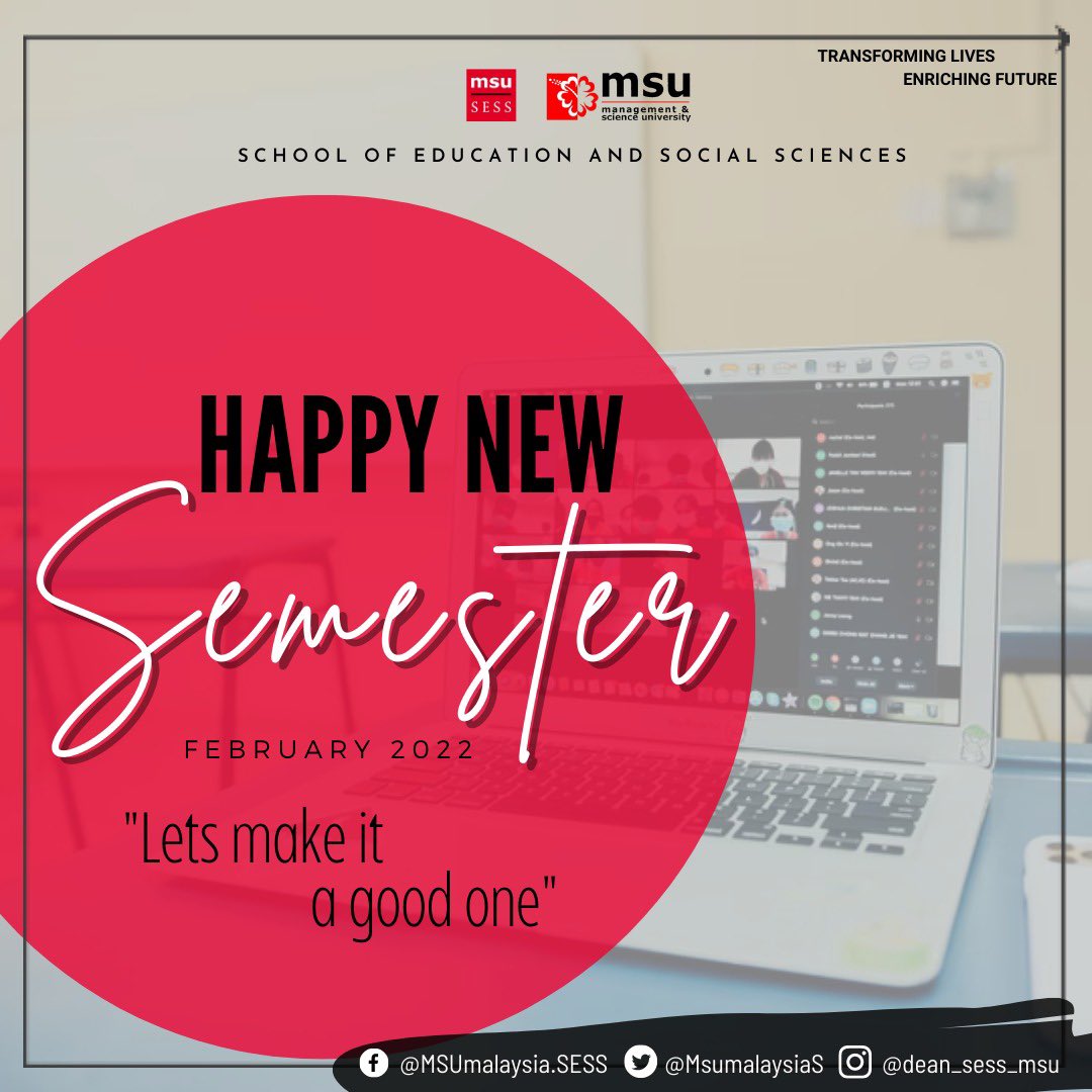 MsumalaysiaS's tweet photo. To all new #SESS students, welcome to the new semester and to our returning students, welcome back. 📖Wishing everyone the very best for this semester. ✨

Please adhere to the SOP at all times.

@msumalaysia @drnhisham

#msumalaysia
#msurians
#msusess
#bemsurians https://t.co/f4wFkQufoT