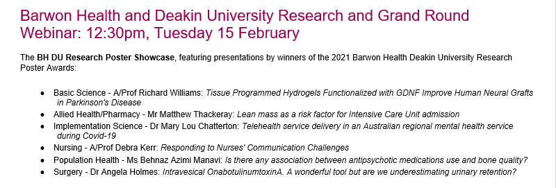 ConexusR's tweet photo. Join us tomorrow for the Barwon Health Deakin University Research Grand Rounds, where PhD Candidate @behnazmanavi will be presenting her work on antipsychotic medications and bone quality #haveanimpact 

https://t.co/q8IvV4LtxX
Webinar ID: 944 5508 2689, passcode: 50589711 https://t.co/Jy1c5S4sEv