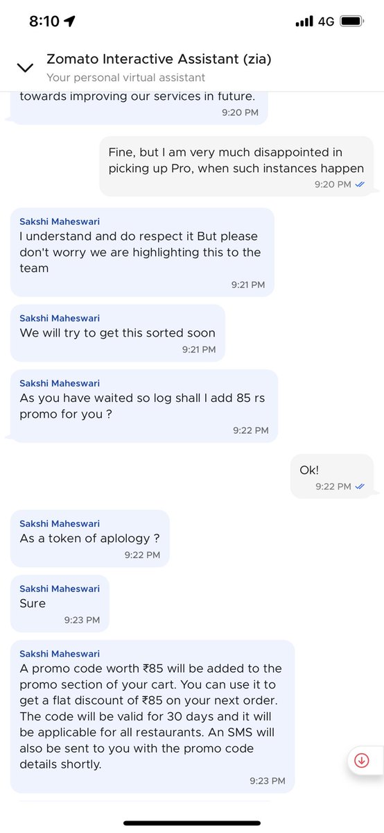 AkilVigneshJr's tweet photo. @zomato is advertising “On-Time or it’s Free”. But seems there are contingencies to it. It looks like half a lie. Simply put, they are following insurance model!

My order was late by 18 minutes and all I received was a Rs. 85 coupon and a generic canned response. #Zomato https://t.co/Ti3XDEhWQd