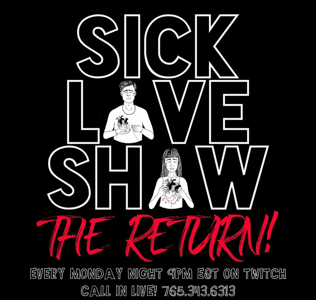 SickLoveShow's tweet photo. We're back! Brand New Show! Starts Valentine's Day, 9pm EST live on https://t.co/JJLOTggvSs

Check it out and call in with questions!
#podcast #liveshow #advice #twitch #love #relationships #comedy #sickloveshow https://t.co/RYa7tkmQzL