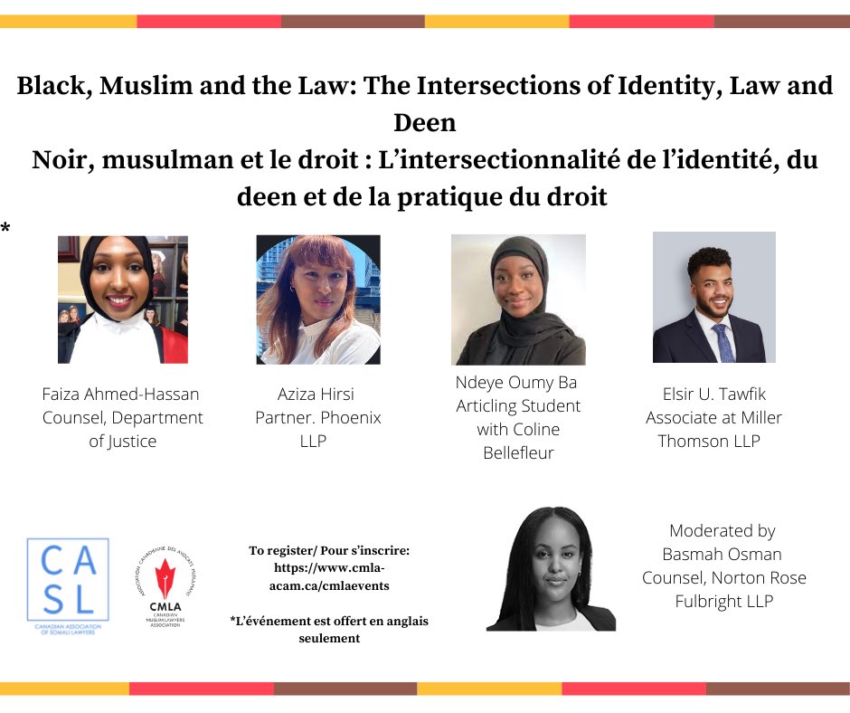 CMLA and <a href="/CASL_National/">Canadian Association of Somali Lawyers</a> present Black, Muslim and the Law: The intersections of identity, law and deen.  February 22, at 8 pm! Register at cmla-acam.ca/cmlaevents <a href="/RODALawyers/">RODA</a> <a href="/CABLNational/">CABL</a> <a href="/faclOntario/">FACL Ontario</a> <a href="/SALC_BC/">South Asian Legal Clinic of British Columbia</a> <a href="/SABAToronto/">SABA Toronto</a> <a href="/OBAlawyers/">Ontario Bar Association</a> #BlackHistoryMonth  #CMLAEvents #CASLEvents