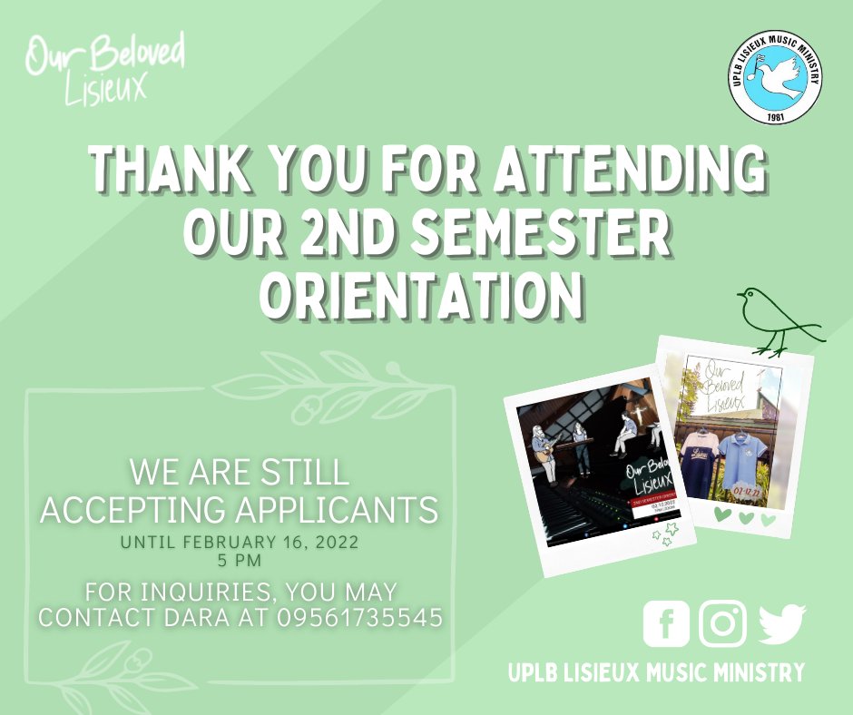 uplblisieux's tweet photo. “Every life is a work of art. And it becomes complete when all the pieces come together.” – Kim Jiung

Thank you for attending our orientation!

We are still accepting applicants until Feb. 16, 2022, 5 PM. 

Please message us for more info.

#UPLBLMM 
#Lisieux 
#OurBelovedLisieux https://t.co/kpn39Xj7eC