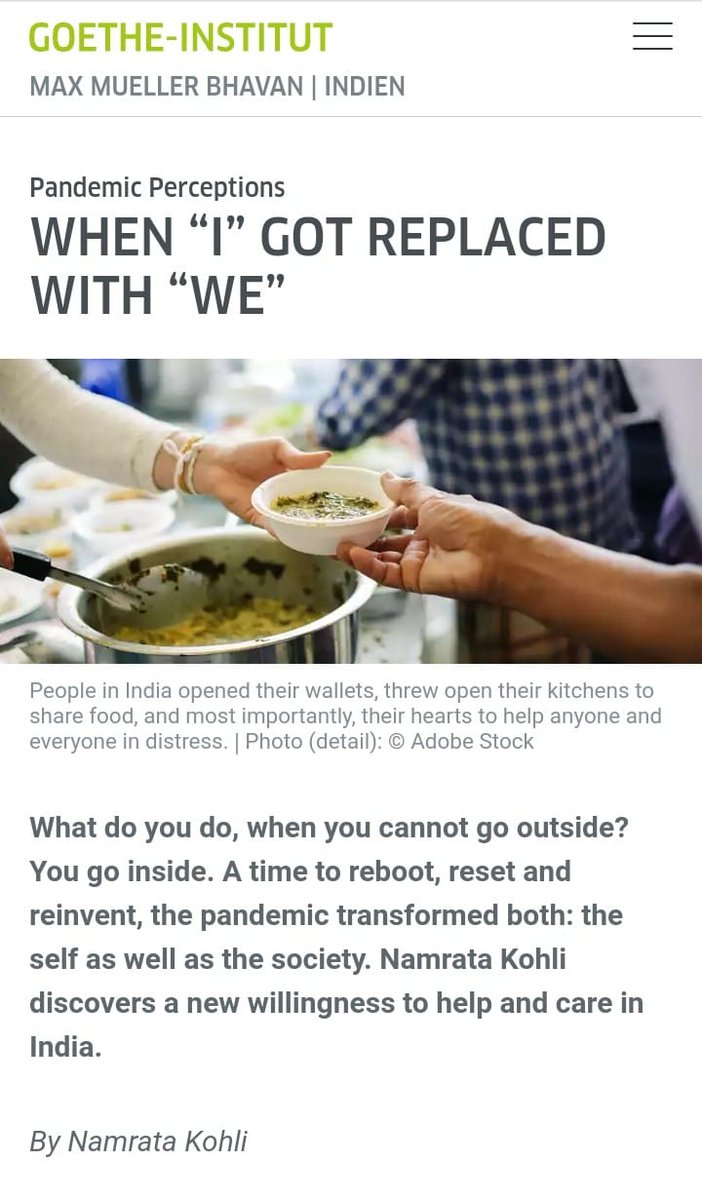 kohli_namrata's tweet photo. #writing #India #pandemic #Goethe #MaxMueller #German #globalrelease
A time to reboot, reset and reinvent, the pandemic transformed both: the self as well as the society. Namrata Kohli discovers a new willingness to help and care in India. https://t.co/duzTX5mCCM