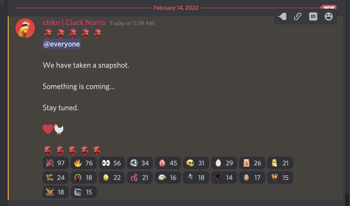 RuggedDisco's tweet photo. "We have taken a snapshot. Something is coming..." 

Bok bok bgaaaark

@chikn_nft 
$egg
$feed
#NFTs 
#avax https://t.co/pfqZP1sBWt