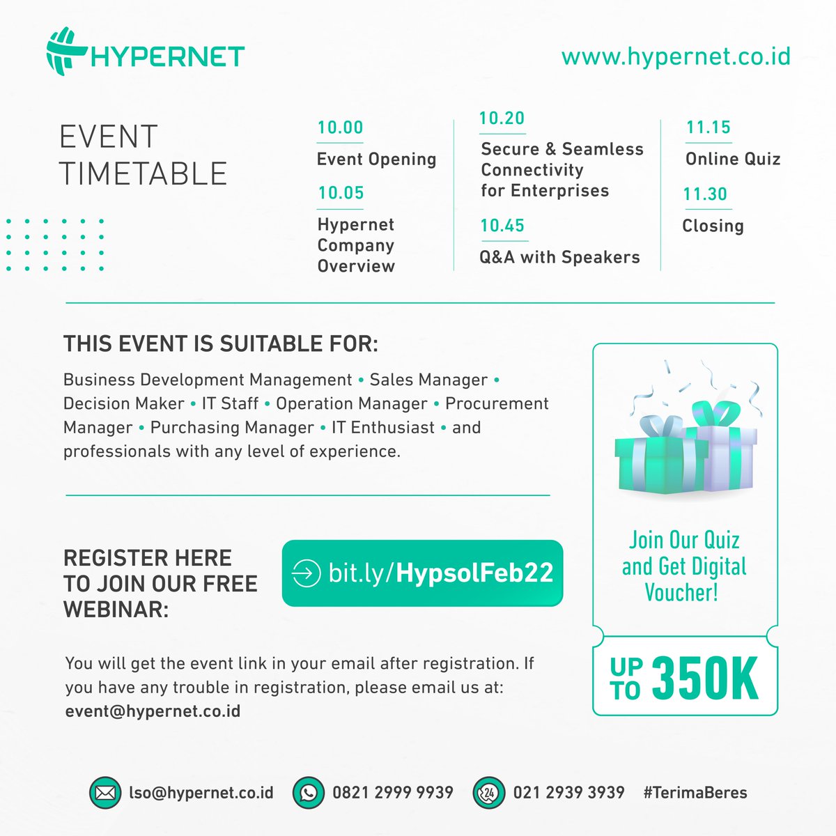 hypernet_tech's tweet image. Hyper Solution Goes Online Bersama Hypernet kembali lagi dengan tema “Secure &amp;amp; Seamless Connectivity for Enterprises”.
Kamis, 17 Februari 2022
10.00 – 12.00 WIB
Pendaftaran : bit.ly/HypsolFeb22

#HyperSolution
#MSP
#ManagedServiceProvider
#Hypernet
#TerimaBeres