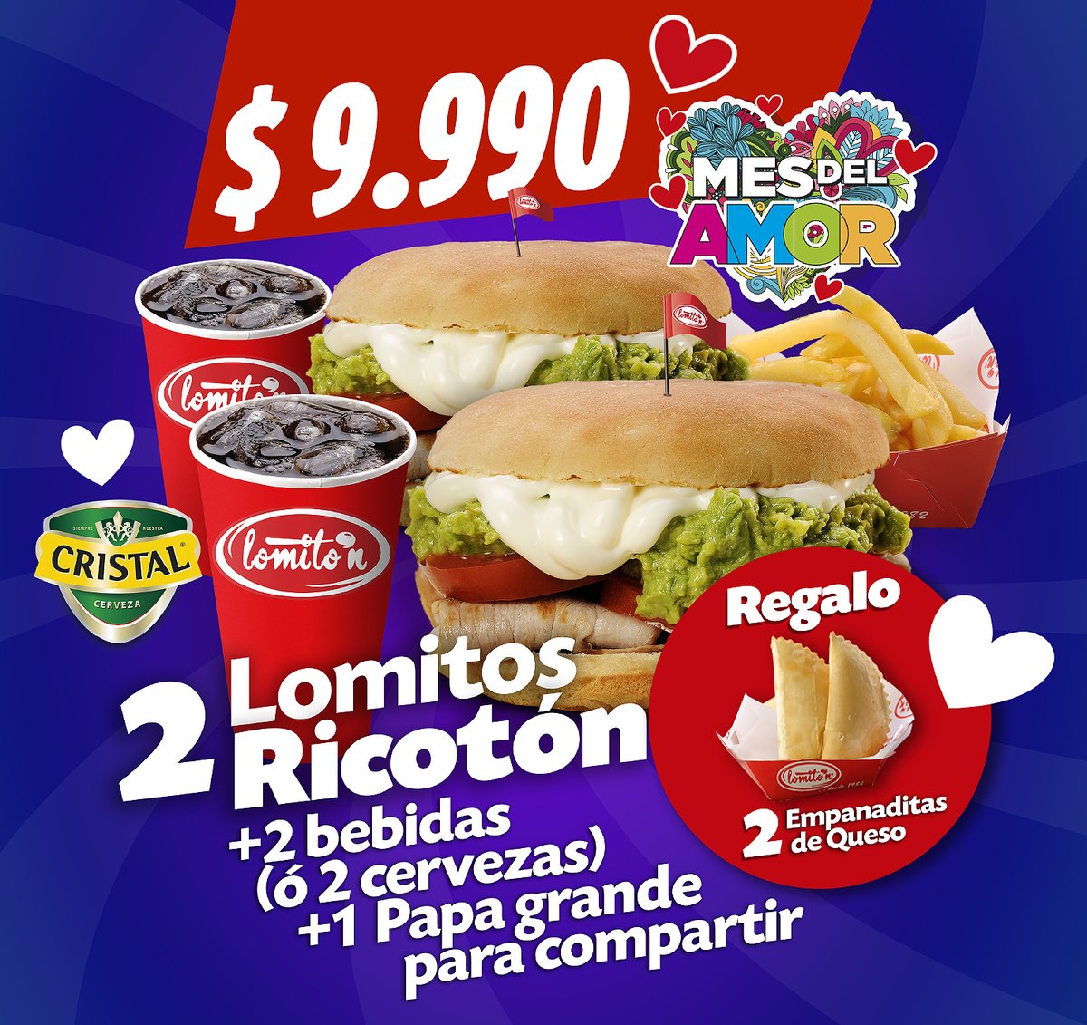 LomitonChile's tweet photo. En el Mes del Amor invita a tu pareja, o a una amistad especial, a los Lomiton en Estación Central y pide tu promoción para 💕  2 personas a precio rebajado y de regalo 💝  2 empanaditas de queso fundido. ❤️   Con amor, de Lomiton! #EstacionCentral @fmunozv @muniecentral #Lomiton https://t.co/gYXiKFCueB