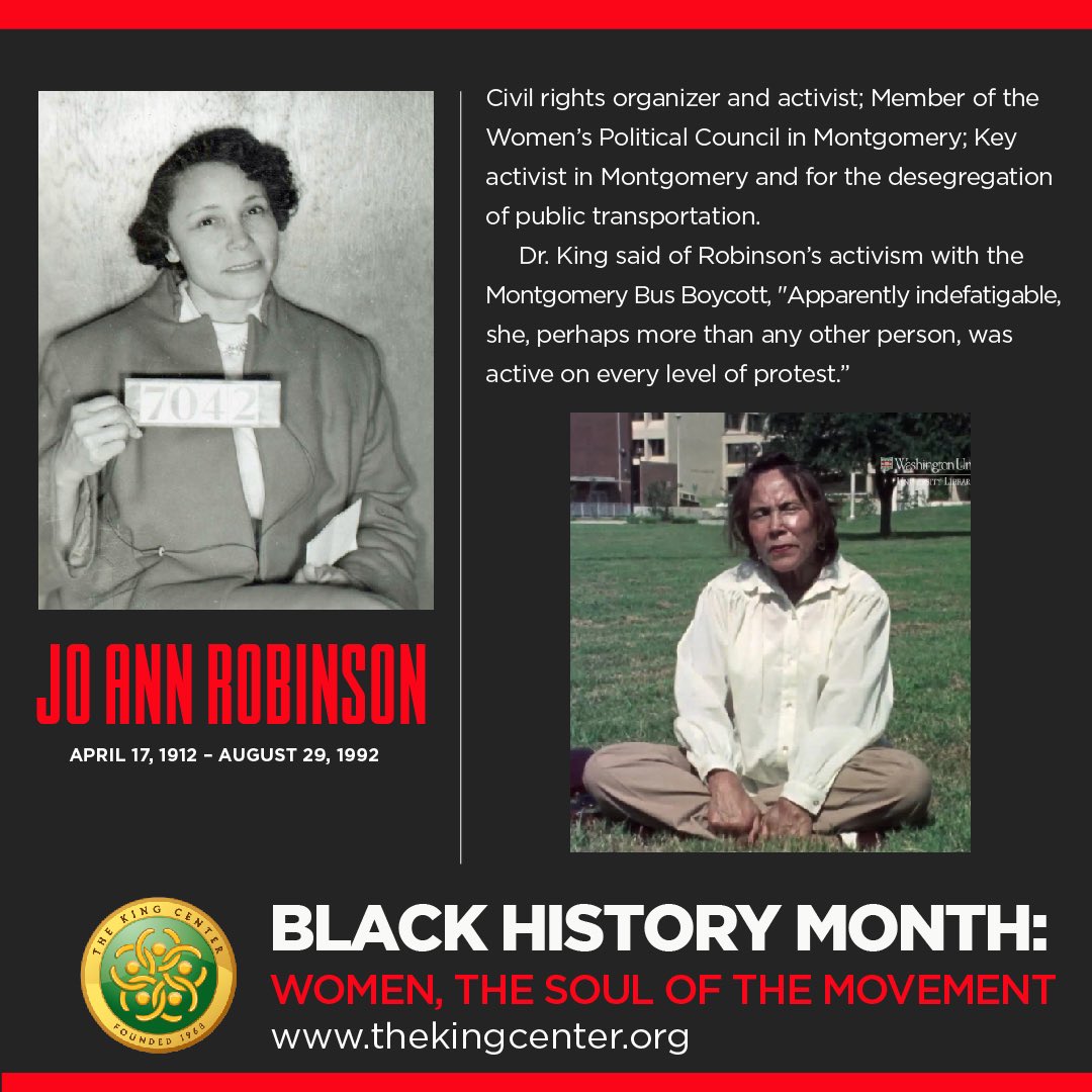 BerniceKing's tweet photo. Do you know about #JoAnnRobinson?

She was critical to the success of the Montgomery Bus Boycott. 

Google and share her story. 

#WomenSoulOfTheMovement #BlackHistoryMonth https://t.co/YJPLnR82cp