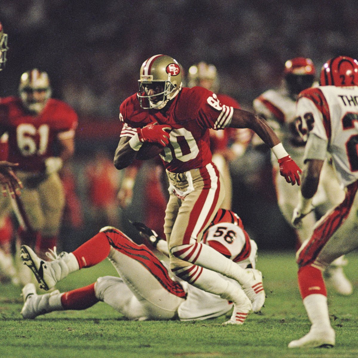 NFLonCBS's tweet photo. Only two players in NFL history have scored 6 REC TD in a single postseason en route to a Super Bowl title:

Jerry Rice &amp; Cooper Kupp

And they both took home SB MVP vs. the Bengals. https://t.co/ILdKOyBdZs