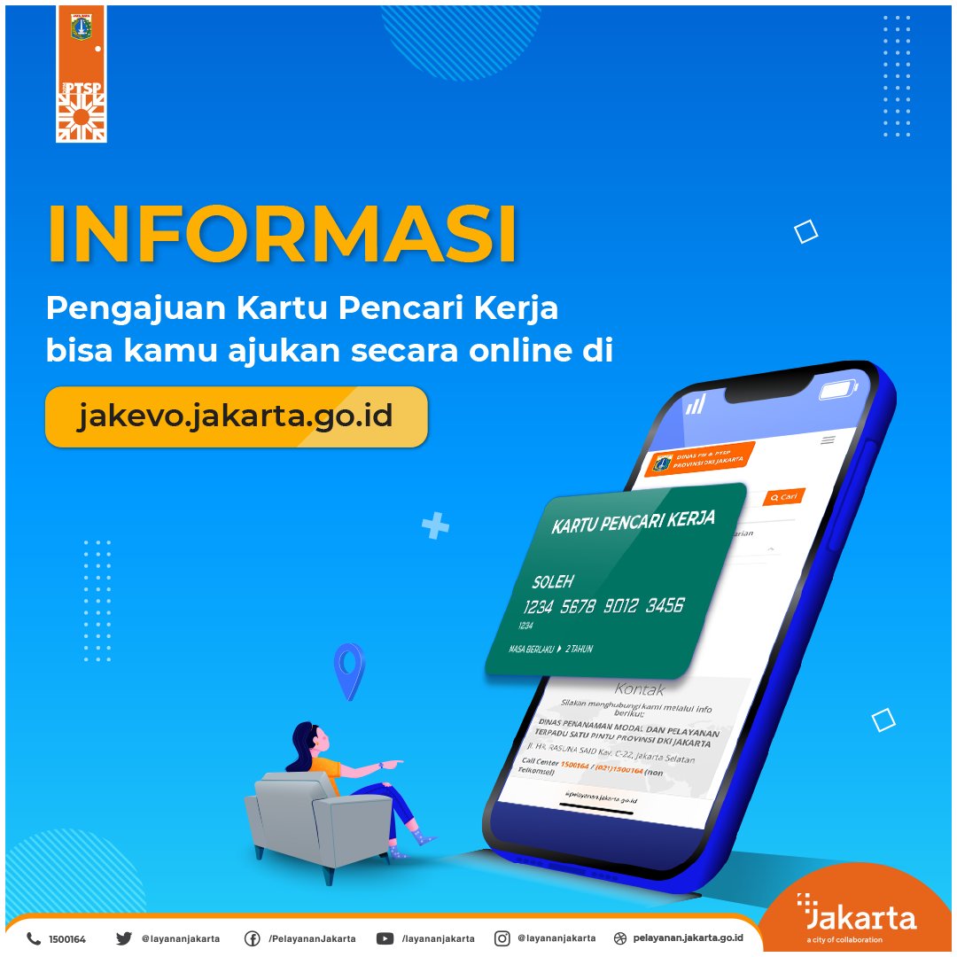 layananjakarta's tweet photo. Hello warga Jakarta, kamu sedang mencari kerja? KTP kamu berdomisili di DKI Jakarta?Bang SOLeh dan mpok LUSI punya info penting nih. Kartu Pencari Kerja bisa kamu ajukan scr online di https://t.co/bXK5DB7MHT

Urus Izin SENDIRI itu MUDAH

Salam SETIA #MelayaniJakarta #pencarikerja https://t.co/0bq6mWfuLQ