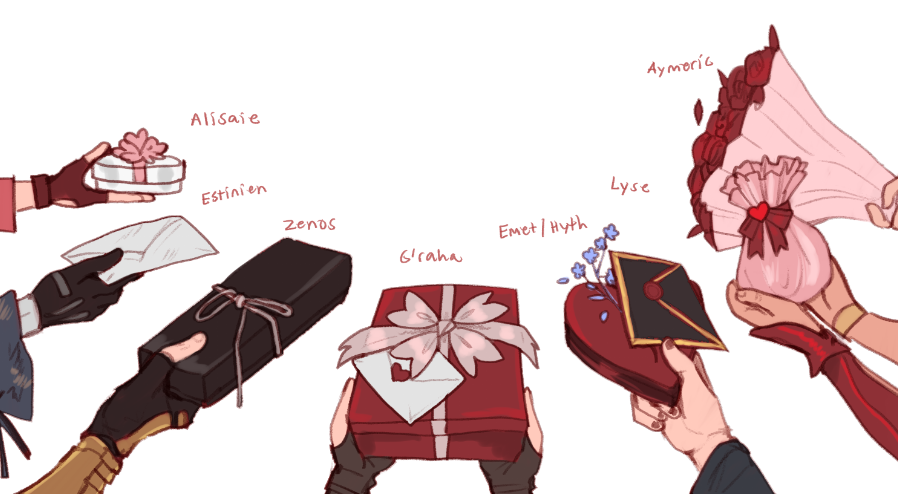 zerosshadows's tweet photo. all the gifts btw!

Alisaie: a handmade bracelet
Estinien: a short but well-meaning letter
Zenos: a dagger
G'raha: assorted handcrafted treats
Emet/Hyth: expensive chocolates
Lyse: a bag of candies
Aymeric: a bouquet of flowers https://t.co/DWyWyCgG6b