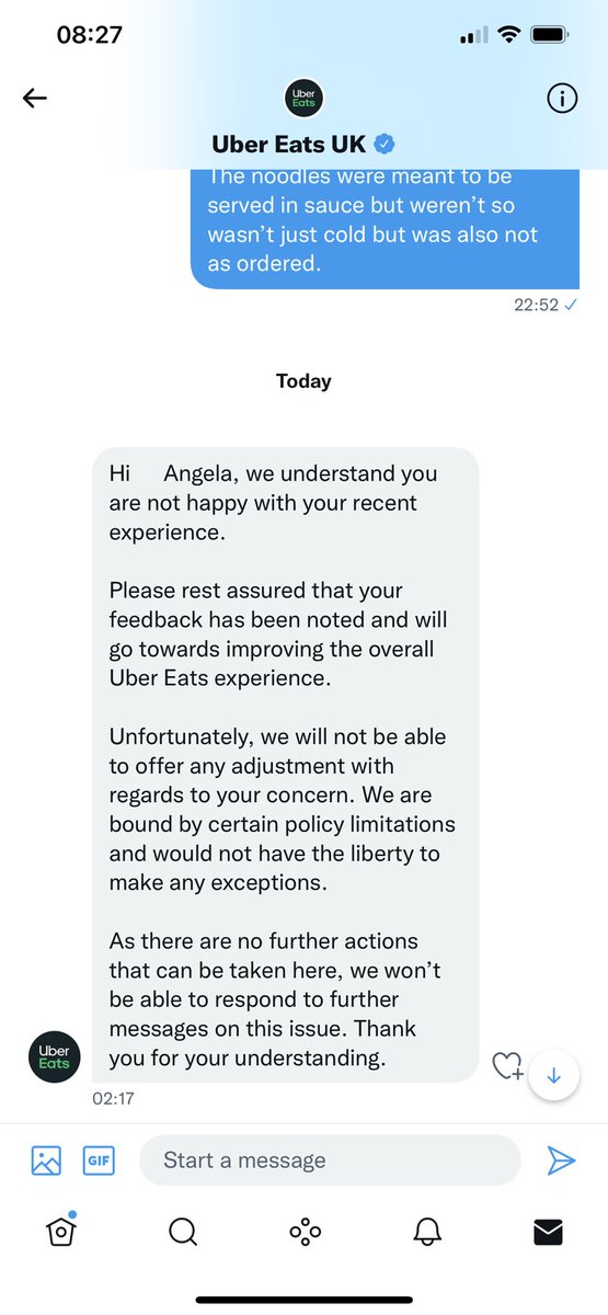 AGatesStylist's tweet photo. Update on my earlier tweets. So it seems the reason they ‘can’t’ refund is because @ubereats_uk policies breach the UK Consumer Act 2015 @TradeStandards https://t.co/5wuux8IKMe