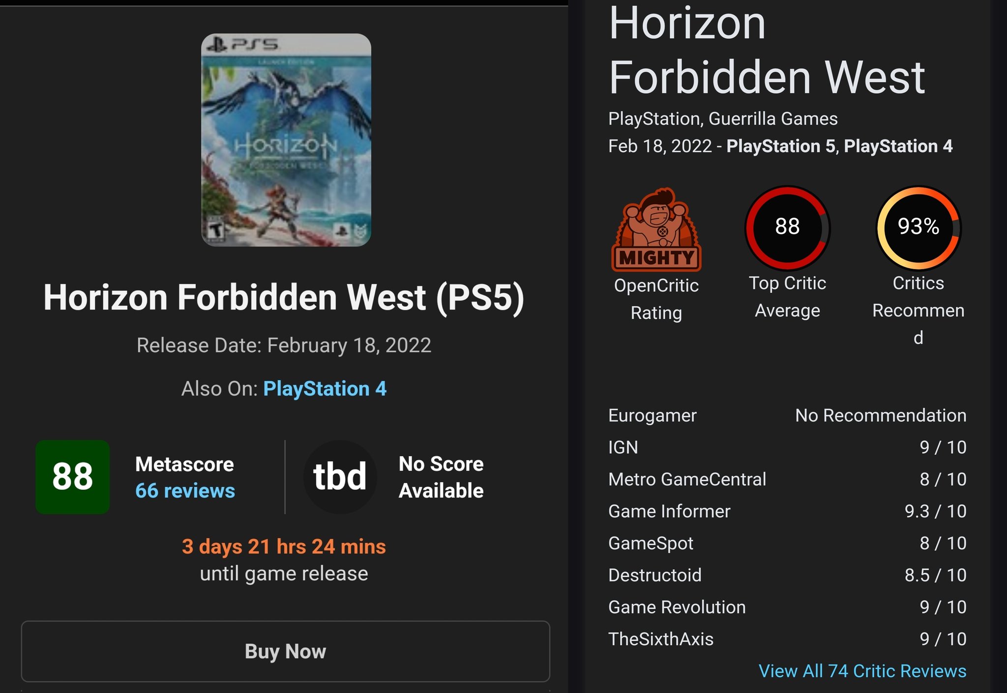 Benji-Sales on X: Overall great scores for Horizon Forbidden West.  Currently sitting at 88 on both Metacritic (66 Reviews) and Opencritic (74  Reviews) Absolutely loved Zero Dawn and can't wait to experience