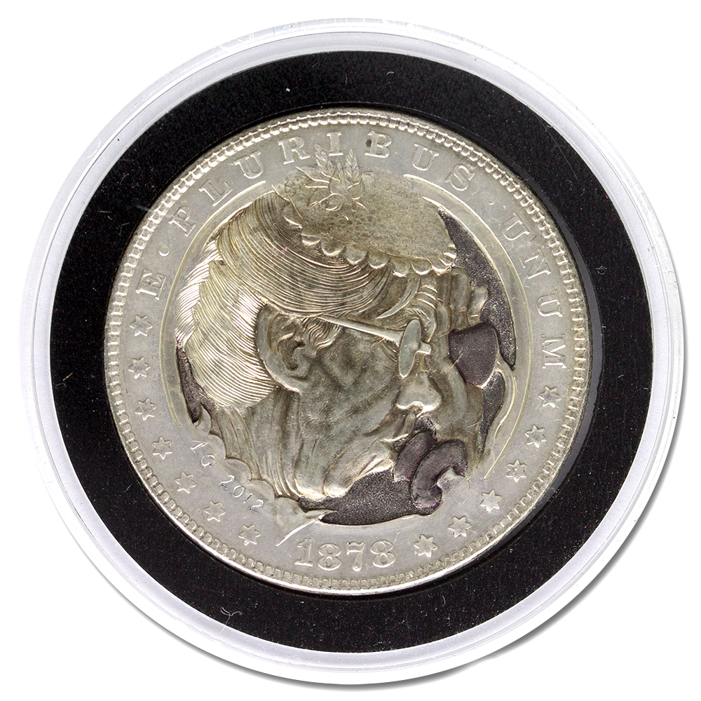 Hobo_Nickel_Soc's tweet photo. #OTD 2/14/1876 Alexander Graham Bell filed an application for a patent on the #telephone.  #HoboCoin #CoinCarving by #LeeGriffiths Talking On The Party Line https://t.co/tINEJSDUay