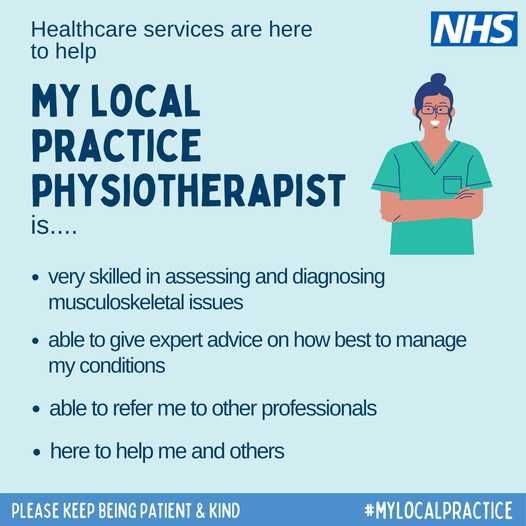 There are many qualified &amp; experienced staff working hard in #mylocalpractice. A Physiotherapist is very skilled in assessing/diagnosing musculoskeletal issues. They are able to give expert advice on how best to manage your conditions and can refer you to other professionals.