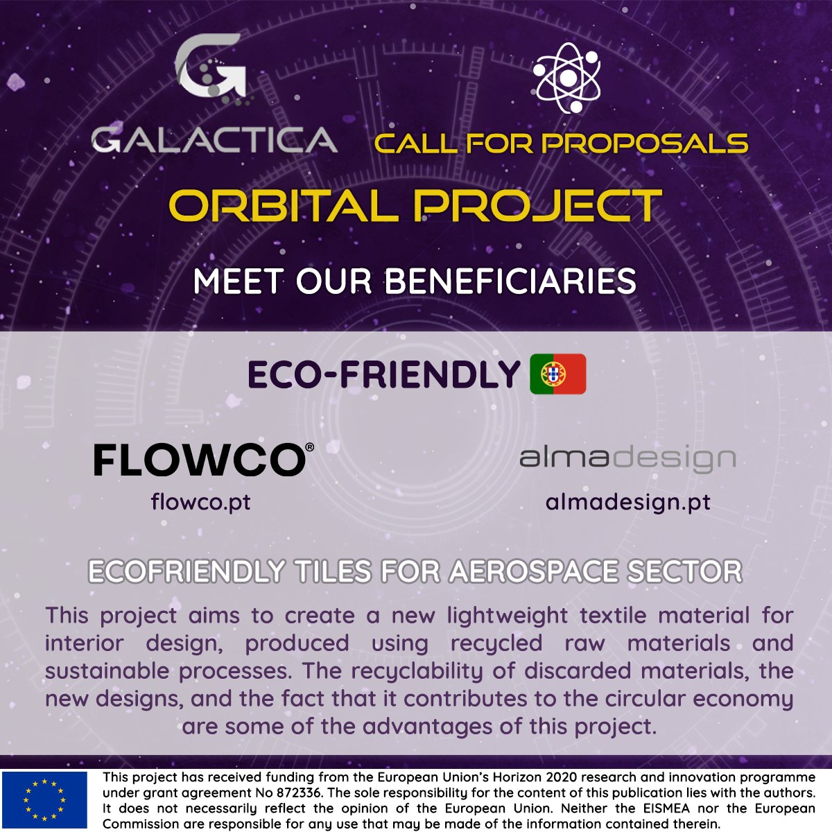 GALACTICA_EU's tweet photo. 🥇Meet our #OrbitalProject beneficiaries.
🇵🇹Flowco and Almadesign develop Eco-friendly tiles for the #aerospace sector by producing a new lightweight #textile material for interior design, using recycled raw materials & sustainable processes.
#Innosup @EU_EISMEA @EU_Growth https://t.co/PhTawpMWxE