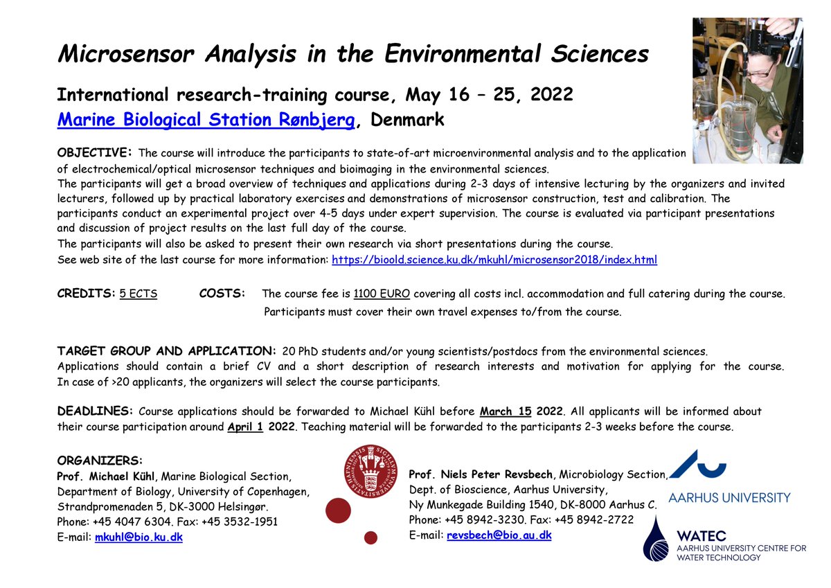 The #MICROSENSOR COURSE is back!
May 16-25, 2022 in Denmark.
2 days of intensive lecturing + 6 days of hands-on work with microenvironmental analysis tools, while staying at Rønbjerg Marine Biological field station
Deadline for application is March 15.
Please spread the news
