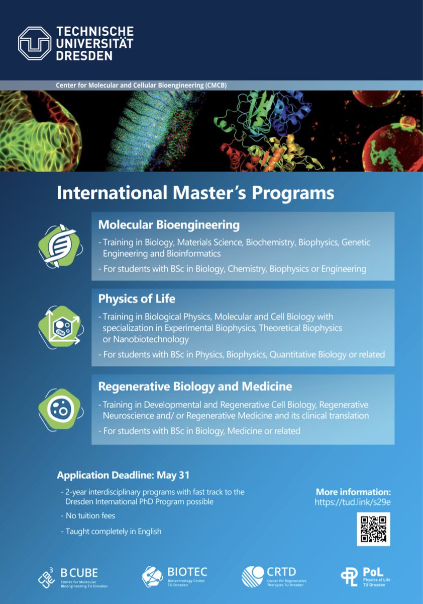 DiezLab (@stefandiezlab) on Twitter photo Check out the Master's projects available at the CMCB - 2 year interdisciplinary courses with a fast track to our PhD program, a really great opportunity! <a href="/BCUBE_TUDresden/">B CUBE - Center for Molecular Bioengineering</a> <a href="/BIOTEC_TUD/">Biotechnology Center (BIOTEC) of TU Dresden</a> <a href="/CRTDpress/">CRTD</a> <a href="/PoLDresden/">Physics of Life Dresden</a>
#Masters #PhD #bionano #physicsoflife #bioengineering #Physics #Biology Check out the Master's projects available at the CMCB - 2 year interdisciplinary courses with a fast track to our PhD program, a really great opportunity! <a href="/BCUBE_TUDresden/">B CUBE - Center for Molecular Bioengineering</a> <a href="/BIOTEC_TUD/">Biotechnology Center (BIOTEC) of TU Dresden</a> <a href="/CRTDpress/">CRTD</a> <a href="/PoLDresden/">Physics of Life Dresden</a>
#Masters #PhD #bionano #physicsoflife #bioengineering #Physics #Biology