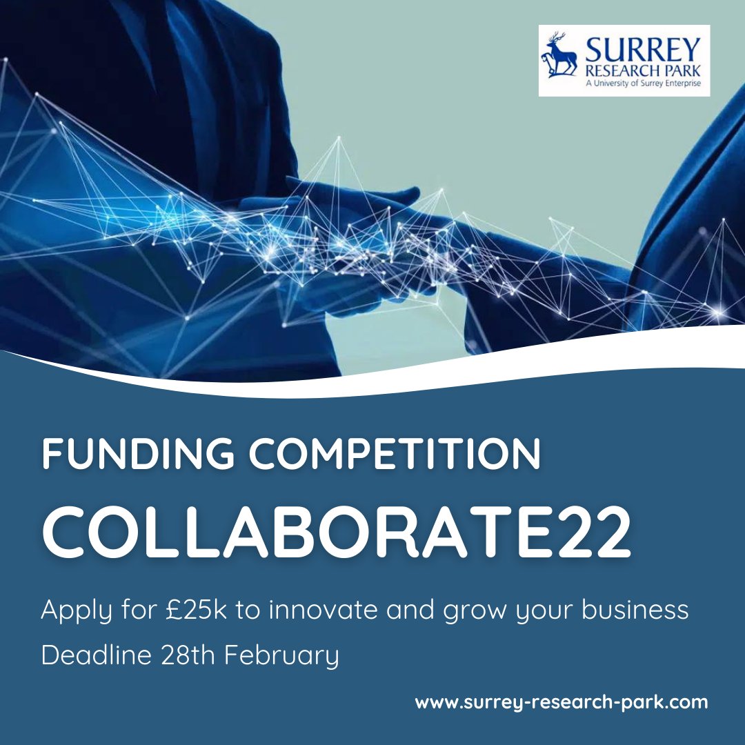 SurreyRP's tweet photo. Don't forget to apply for £25k funding for collaborative business projects with @UniOfSurrey. Deadline 28th February. Open to @SurreyRP, @SETsquaredSRY, @RocketdeskUK and virtual tenants. Read more here: https://t.co/LX7T3iQljq @SurreyInnovate @sbsatsurrey @SurreyChambers https://t.co/7FK323CdY4
