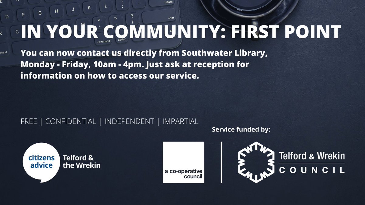 TelfordCAB's tweet photo. In Your Community.
 
You can now access a free phone at @telfordlibs Southwater, Monday - Friday, 10am - 4pm to get in direct contact with us.

Service funded by @TelfordWrekin 

Find out how else to access us in your community: https://t.co/Rvvkd22MI1   
 
#Telford #Libraries https://t.co/vvdeH7DKdh