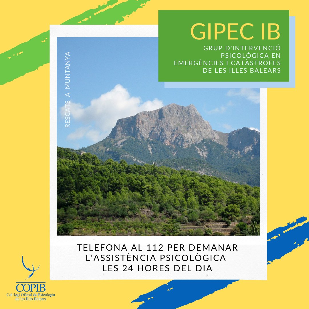 COPIB's tweet photo. El GIPEC IB cobreix l'atenció psicològica en situacions de crisi 24 h els 365 dies de l'any.
#GIPECIB #COPIB #psicologiaiemergències #malesnotícies #rescatsamuntanya https://t.co/4qokD6xp5r